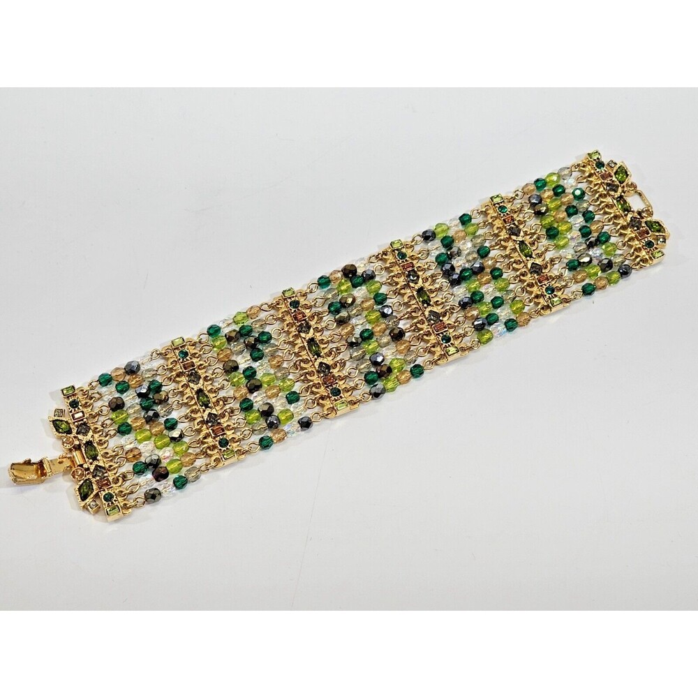 St. John Evening Gold Plate 1.5"W Statement Green Crystal Bracelet 7.5"L EUC - Picture 5 of 8